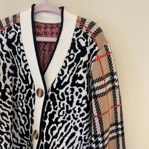 KIDS CHECK & LEOPARD MERINO WOOL JACQUARD CARDIGAN 7/8Y - Picture 9 of 10